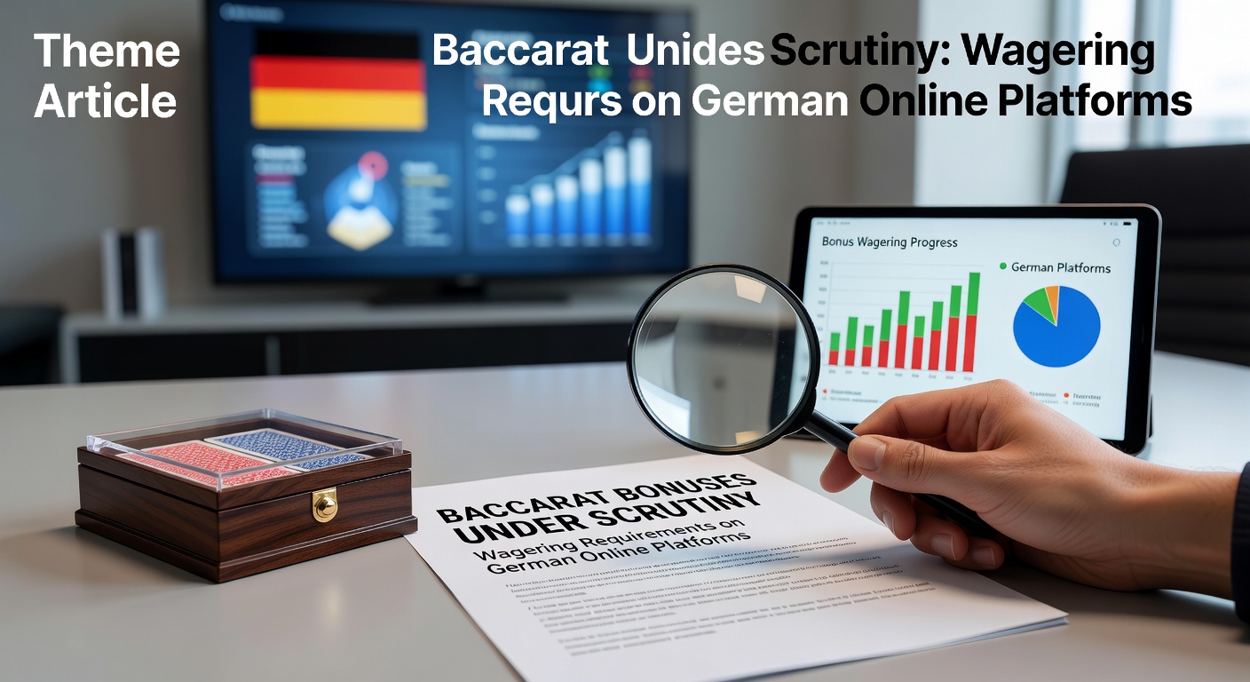Grafik mit Baccarat-Tisch und Bonus-Symbolen auf einem deutschen Online-Casino-Hintergrund, die Wettanforderungen symbolisieren